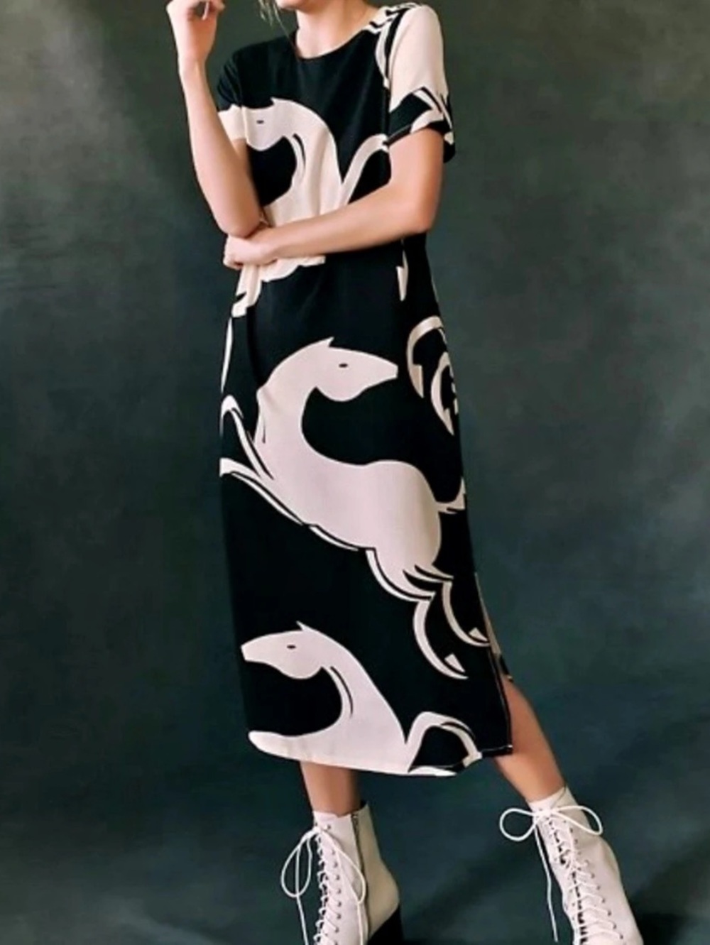 Cotelac Animal Print Midi Dress in Black & White Size XS